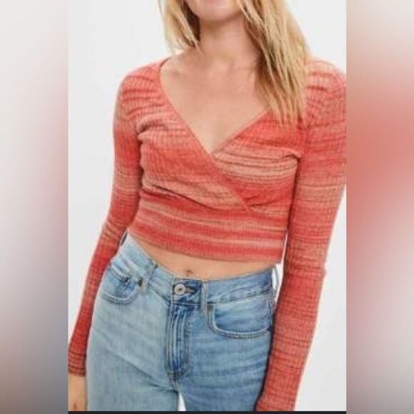 American Eagle Ribbed Wrap Front Striped Cropped Long Sleeve Sweater Size S NWT - Picture 1 of 5